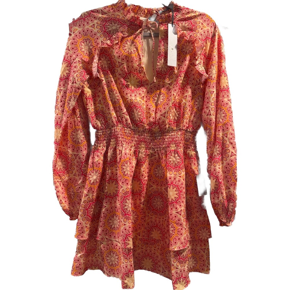 NSR V Neck Ruffled Collar Long Sleeve Mini Dress Pink Floral Smocked Waist L